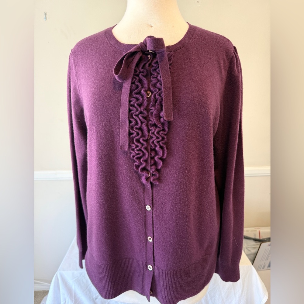 Beautiful Plum Purple Cashmere Sweater With Ruffles and Tie, 16W-18W